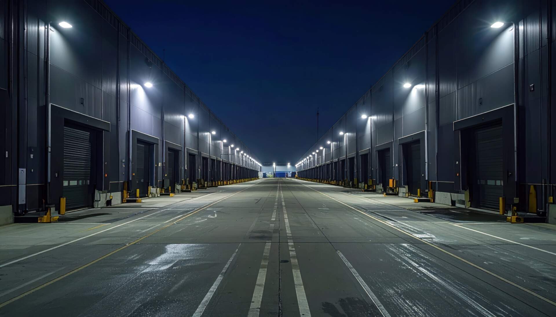Dimly Lit Cross Dock Facility with Loading Docks at Night